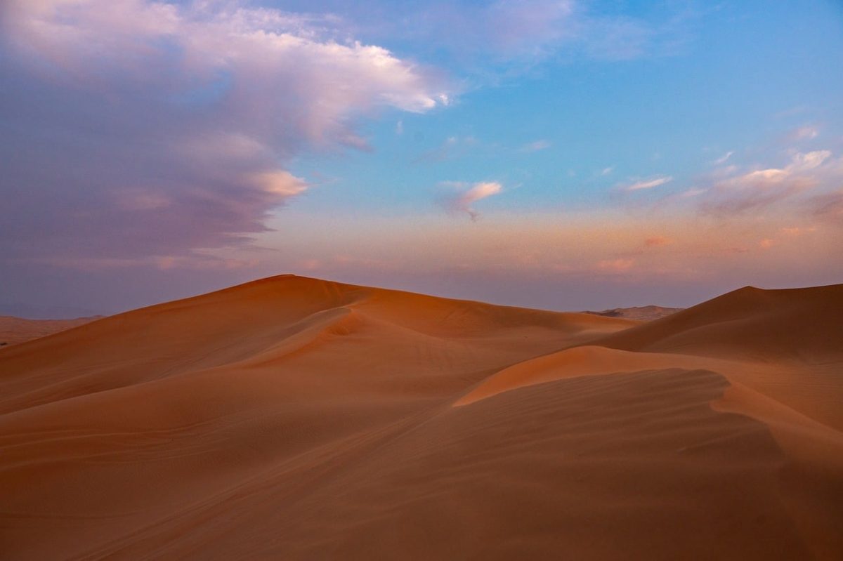 desert, sand, nature, landscape, dunes, sky, clouds, sunset, blue, orange, calm, nature's beauty, desolation, scenery, blue sky, timeless, natural beauty, wilderness, dawn, far, warm