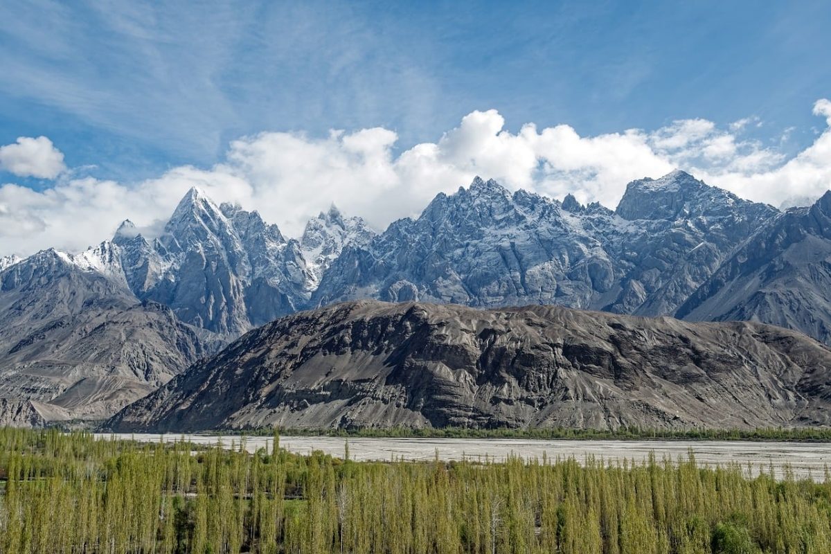pakistan, gilgit-baltistan, karakoram, mountains, river, snow, nature, landscape, sky, clouds, trees, valley, panorama, beauty, view, adventure, photography, postcard, hiking, tranquility, ecotourism