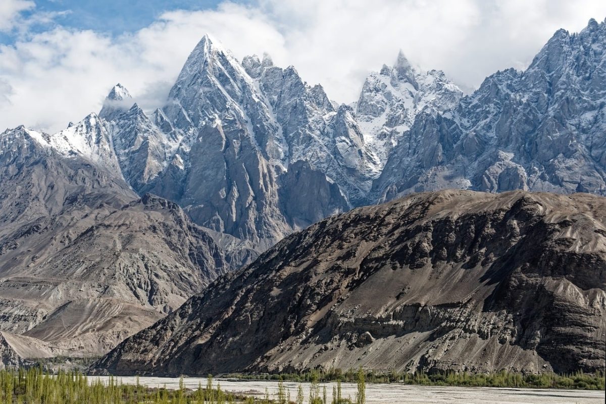 pakistani, kyrgyz, shyok, river, karakoram, mountains, snow, landscape, natural, sky, clouds, skyline, volcano, balistan, haldi cones, mountain formation, nature, geological, white snow, clear sky, rocky