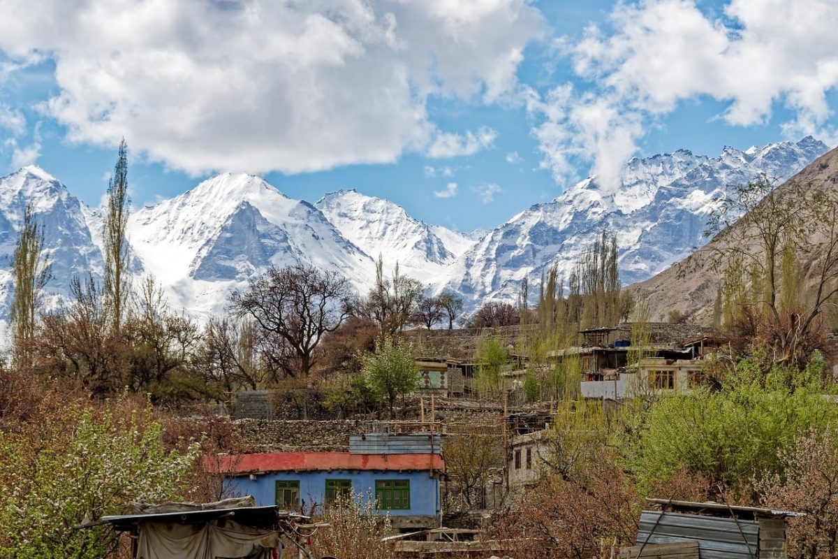 mountains, snow, blue sky, village, karakoram, gilgit-baltistan, nature, houses, sky, trees, forest, spring, landscape, travel, hiking, clouds, scenery, tourist destination, pakistan, rural