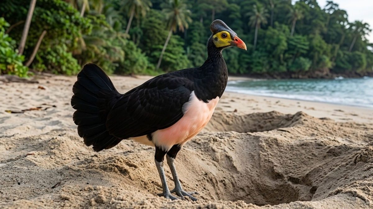maleo, macrocephalon maleo, bird, black bird, endangered species, sandy beach, sulawesi, indonesia, natural habitat, nature, wildlife, tropical bird, pink plumage, yellow face, nesting, wildlife conservation, biodiversity, white sandy beach, southeast asian bird