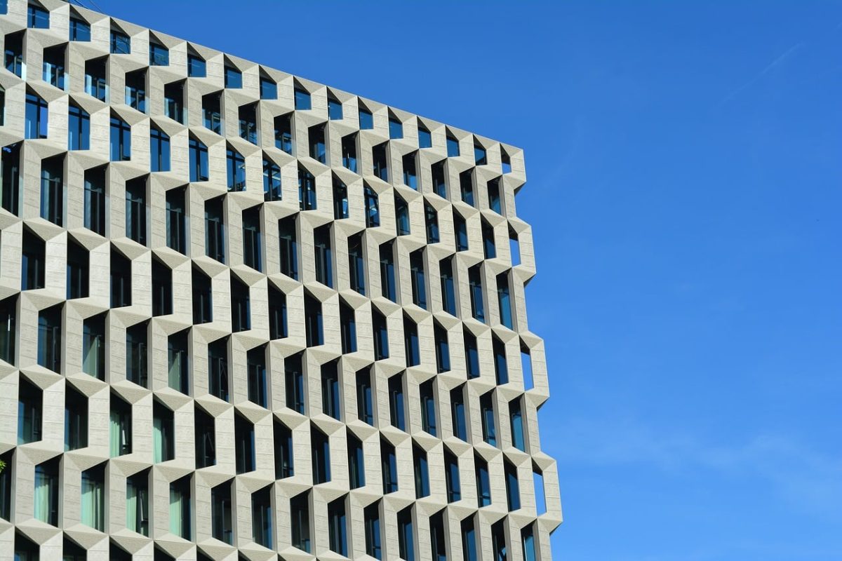 facade, architecture, modern, urban, modular, blue sky, sunny day, abstract, city life, concrete, pattern, geometric, window, office building, metropolis, contemporary, urban landscape, outdoors, sunlight, panorama