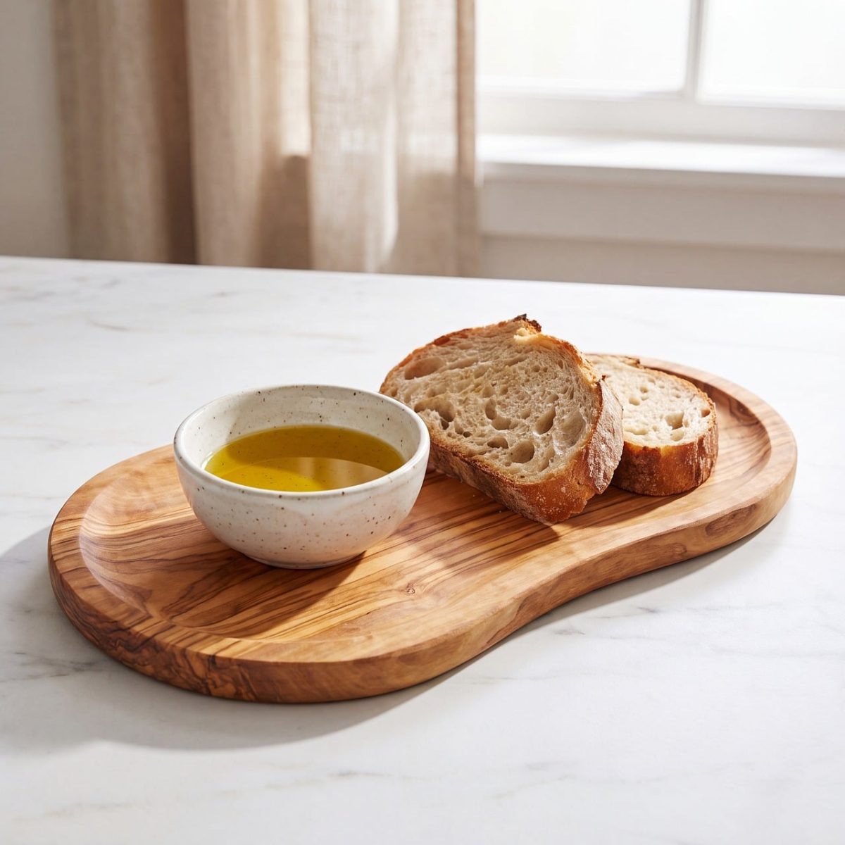 bread, olive oil, sourdough, natural light, wooden board, appetizer, breakfast, snack, mediterranean food, rustic, home cooking, healthy eating, fresh baked, simple meal, dipping, healthy, fresh, herb oil, focus, still life