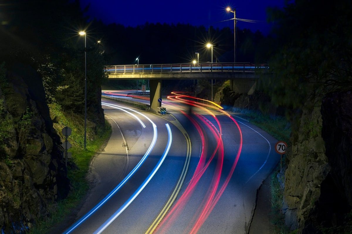 road, night, long exposure, car, lighting, dark, light trails, road bridge, curve, speed, urban landscape, asphalt, movement, modern, highway, car wallpapers, road sign, autumn, outdoor, traffic, adventure