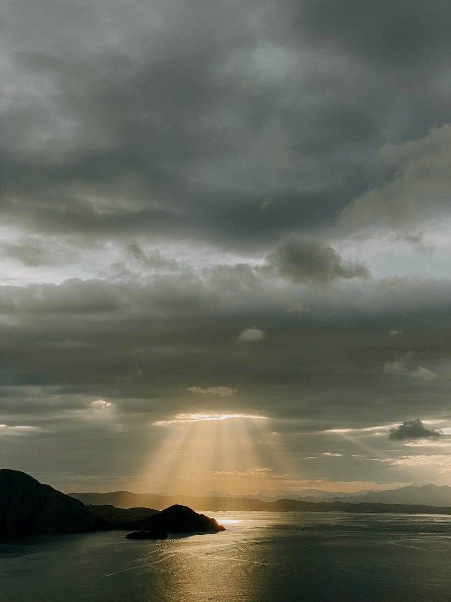 sun rays, cloudy sky, sea, mountains, clouds, sunset, island, evening, horizon, nature scene, beauty, silence, natural light, summer, clear water, golden light, calm, serenity, solitude, calm sea