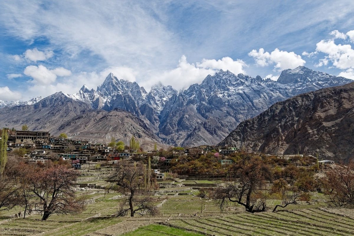 mountains, village, nature, snow, terraced farming, sky, clouds, agriculture, landscape, distant mountains, traditional architecture, national park, environment, northern pakistan, region, highlands, tourism, karakoram, space