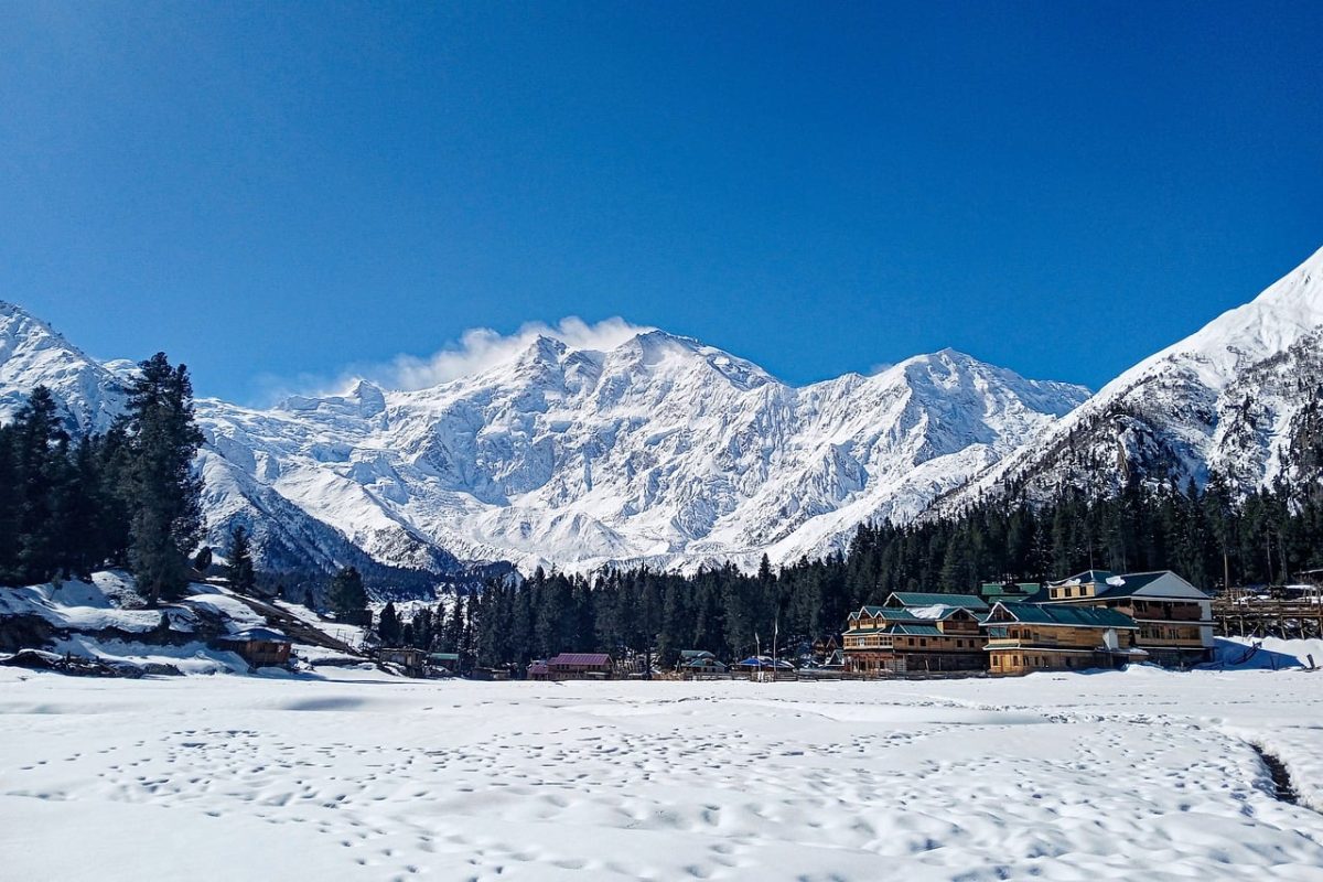 mountain, nanga parbat, snow, nature, forest, himalaya, sky, baltistan, fairy meadows, cabin, house, gilgit-baltistan, winter scenery, hiking, rakhiot peak, blue sky, winter season, tourist destination, enchanting landscape, rural area