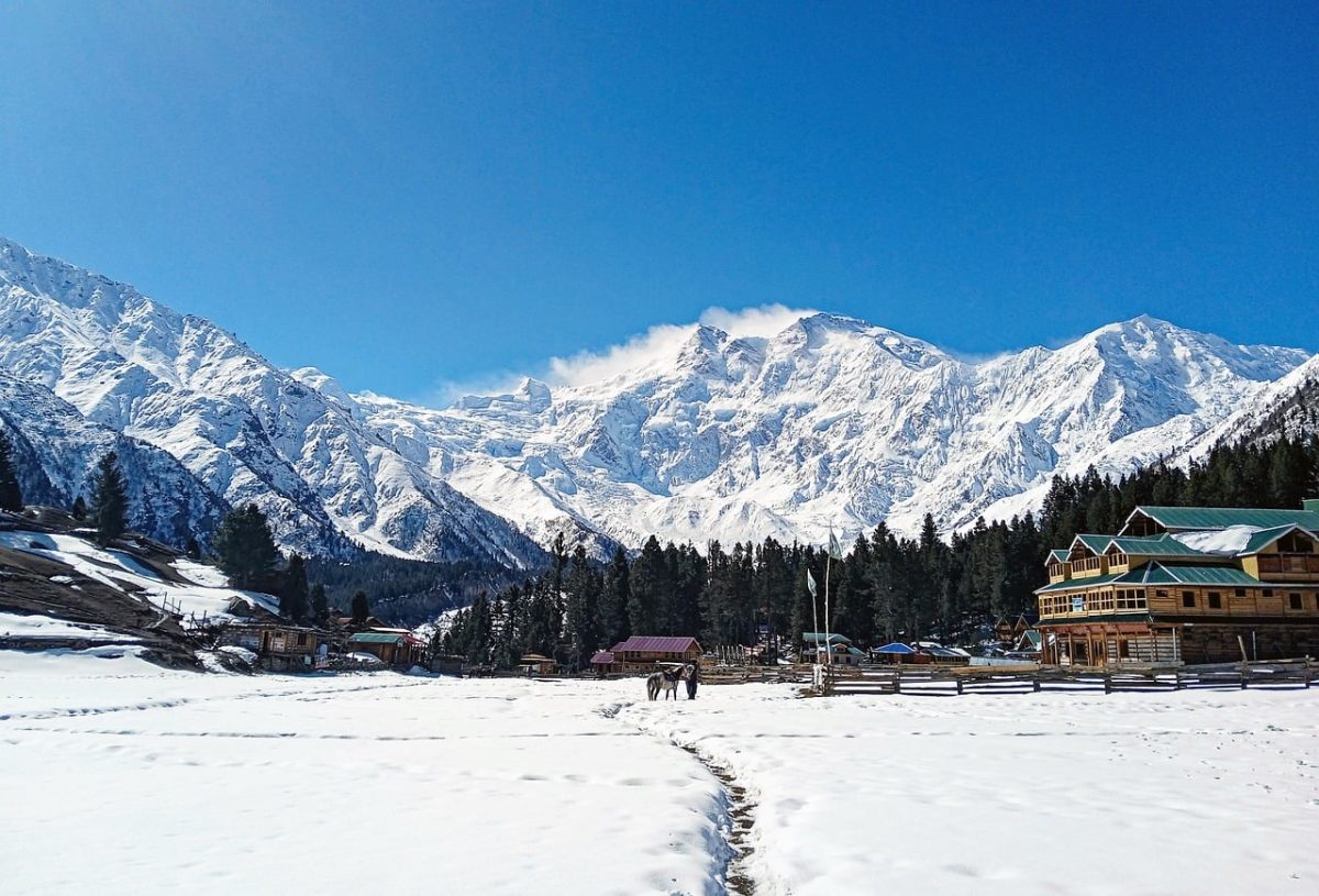 himalaya, nanga parbat, fairy meadows, snow, mountains, blue sky, nature, forest, wooden house, winter landscape, travel, hiking, pakistan, rakhiot peak, balistan, tourism, sky, towns, landscape, tourist attraction