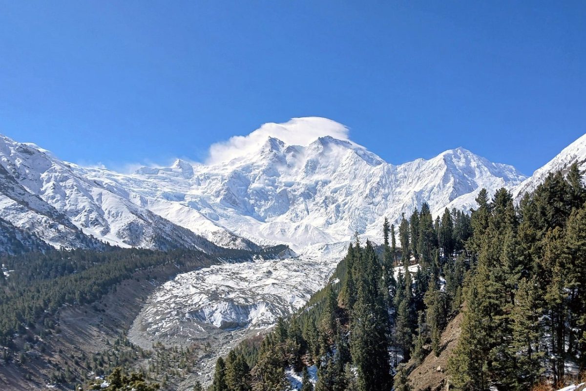 pakistan, gilgit-baltistan, himalaya, nanga parbat, snowy mountains, forest, trees, nature, landscape photo, blue sky, mountains, clouds, scenery, mountain massif, rakhiot peak, winter season, mountain hiking, ascent, remote, panorama