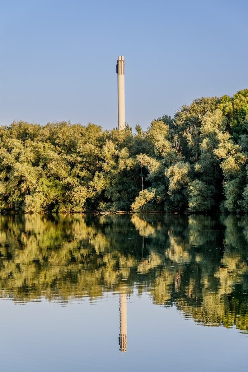 water reflection, nature, trees, blue sky, panorama, tower, forest, morning, tranquility, natural scenery, calm water, tree reflection, summer landscape, recreation, mirroring, purity, serene environment, building, architecture, summer day