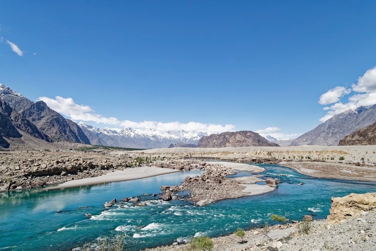 pakistan, gilgit-baltistan, karakoram, indus river, mountains, snow, landscape, nature, river, clouds, sky, rocks, riverbed, sand, tourism, ecotourism, panorama, crystal clear water, valley, natural beauty