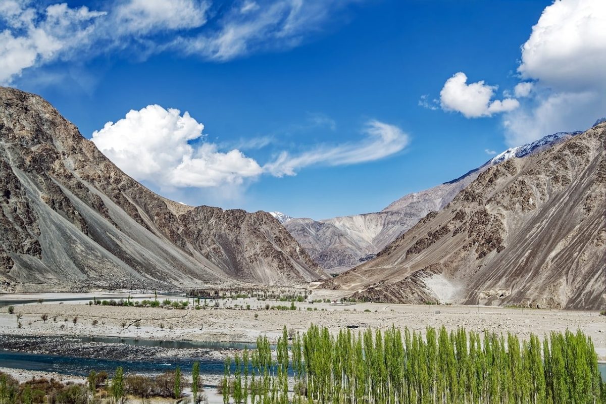 nature, pakistan, river, mountainous, sky, clouds, rock, valley, trees, green, sand, highland, watercourse, blue, trail, scenery, tranquil, beautiful, sunny, view