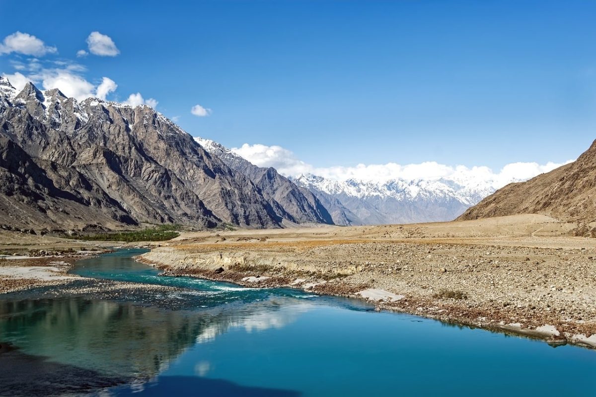 pakistan, river, mountains, snow, nature, blue sky, reflection, karakoram, gilgit-baltistan, autumn, dry valley, tourist destination, cliffs, purple mountains, clear water, hill, flowing water, calm, geology, hiking, remote area