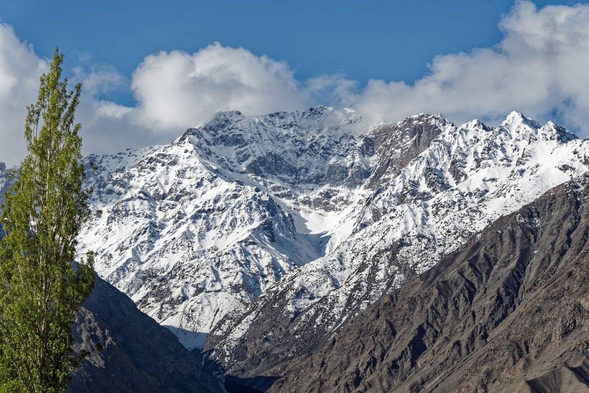 pakistan, gilgit-baltistan, karakoram, mountains, snow, nature, landscape, sky, clouds, tree, fresh green, natural beauty, solitude, peaceful, clarity, view, altitude, asian, wild, calm