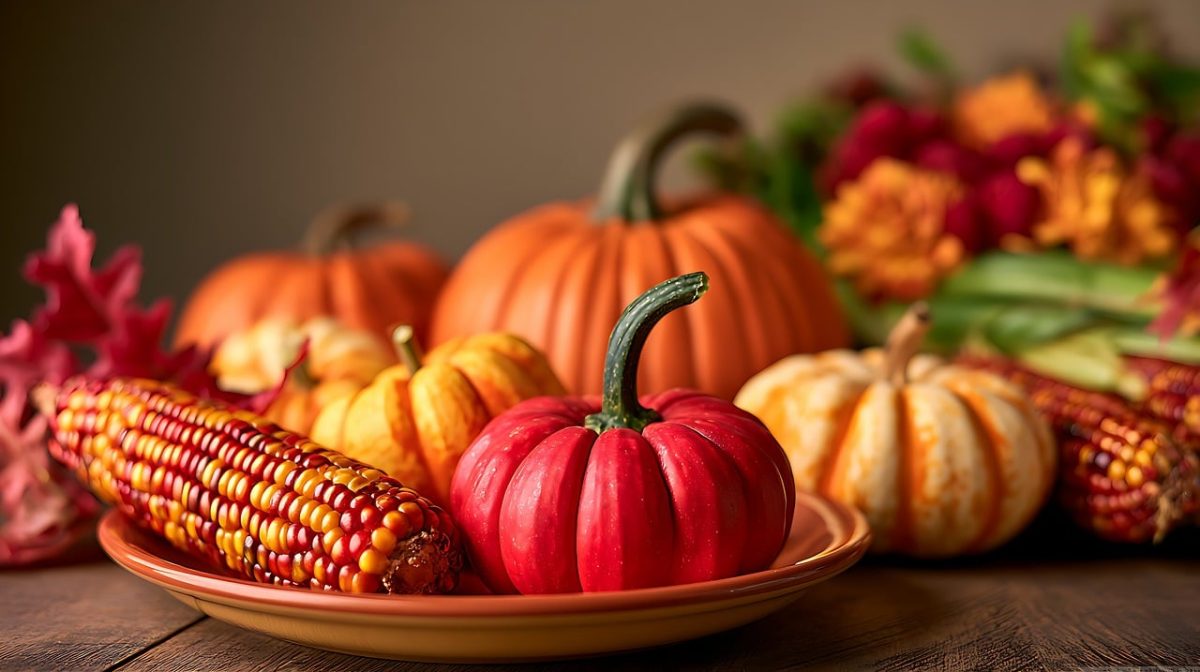 pumpkin, corn, autumn, harvest, vegetables, decoration, food, colorful, plate, autumn leaves, table, arrangement, yellow, red, orange, texture, nature, harvest festival, seasonal, brown, composition
