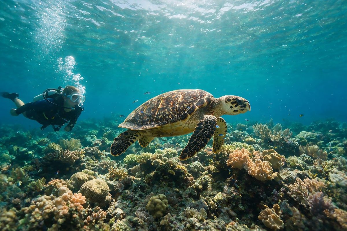 sea turtle, diver, coral reef, diving, snorkeling, marine life, clear water, tropical water, turtle diving, sunlight, underwater photography, underwater, bubbles, ocean adventure, one person, natural environment, ecosystem, water world, sea floor, ocean tourism