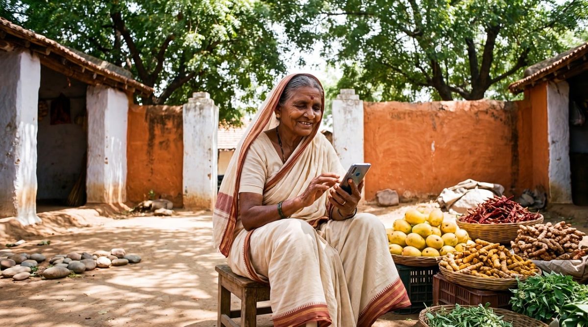 woman, mobile phone, rural, fruit stall, spices, grandmother, smiling, trees, oranges, ginger, vegetables, sunny, nature, snapshot, traditional clothing, outdoor environment, village, cottage, charm of simplicity