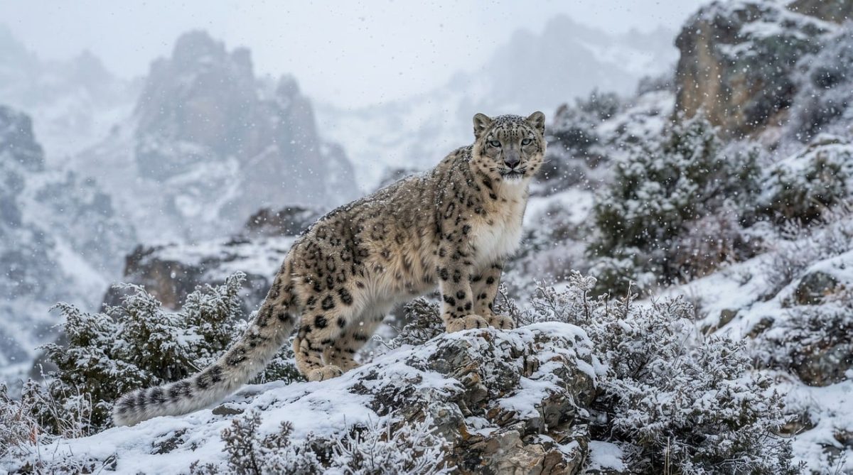 snow leopard, nature, wildlife, predator, animal, wild animal, mountains, winter, snow, rock, bushes, patterned fur, mist, environment, wildcat, love for cold, loner, elusive, cliff, camouflage pattern