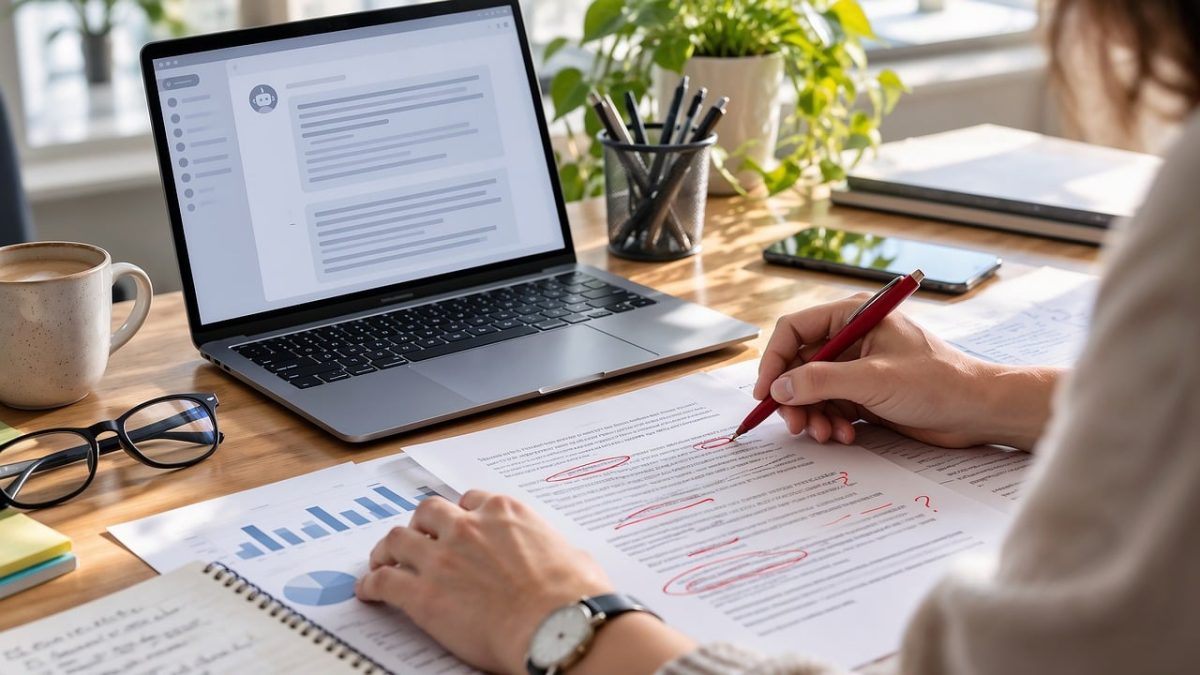office, desk, document review, editing, laptop, paperwork, productivity, proofreading, critical thinking, technology, red pen, document, workspace, artificial intelligence, people, green plant, business environment, handwritten notes, data analysis, human oversight role