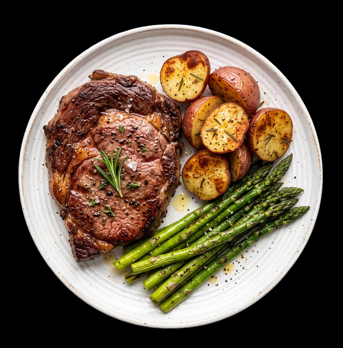 steak, beef, food, dinner, asparagus, potatoes, vegetables, grilled, fresh, cooking, protein, spiced, roasted, plate, delicious, flavorful, nutritious, garlic, rosemary, classic
