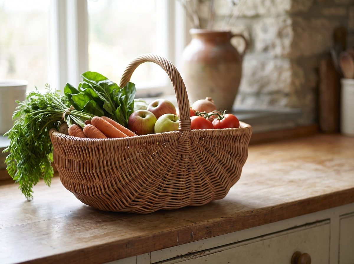 basket, vegetables, fruits, apples, carrots, tomatoes, kitchen counter, daylight, fresh, decorative container, rustic, clean, natural light, antique, homemade, mediterranean, seasonal, country kitchen, cottage style