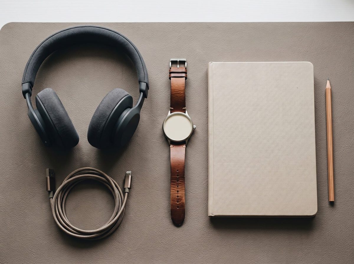 headphones, notebook, watch, pencil, leather strap, organization, minimalist, desktop, style, work desk, charging cable, technology, accessory, arrangement, modern, details, aesthetics, workspace, elegant, office