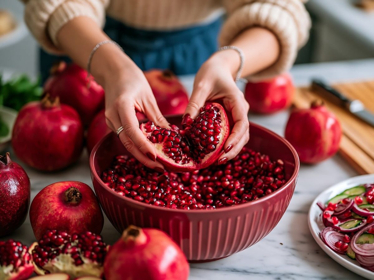 pomegranate, seeds, bowl, kitchen, preparation, healthy meals, bright, ingredients, cooking, harvest, fruit, hands, chopping, vibrant, kitchen tools, red, colorful food, fresh, vegetarian, natural