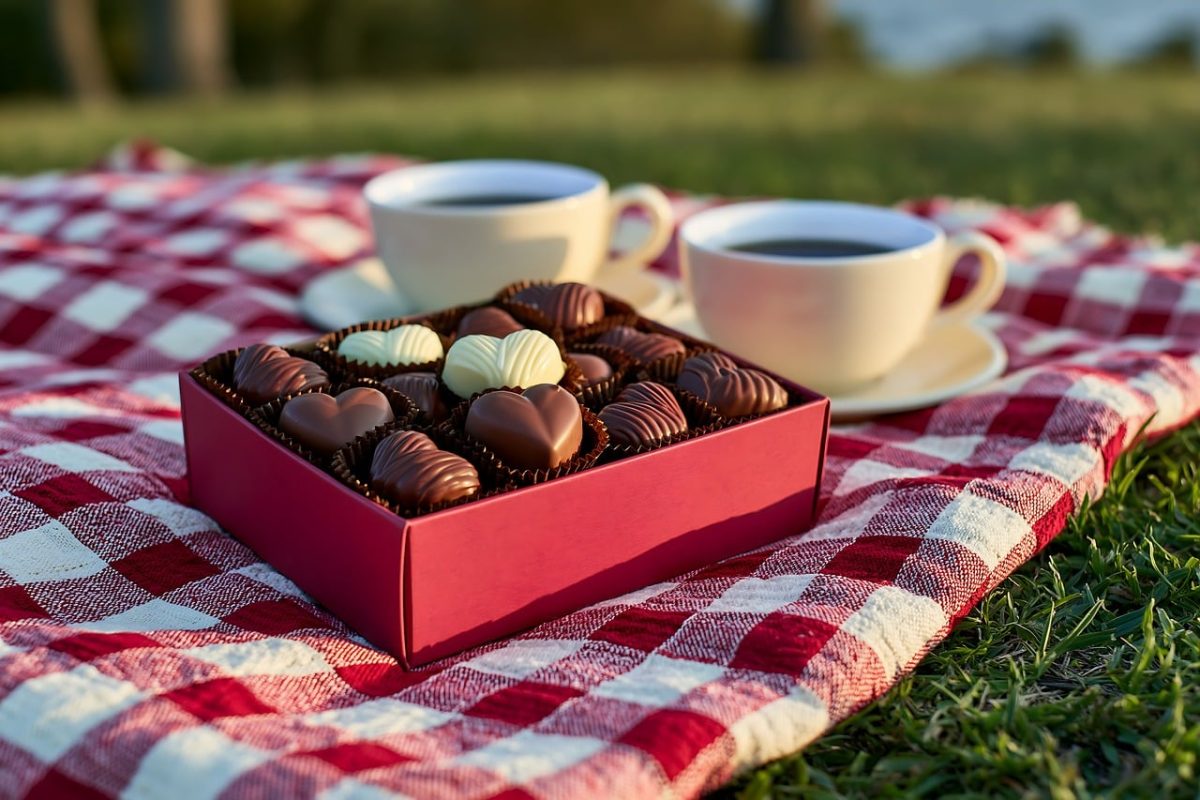 chocolate, red box, picnic blanket, coffee cups, outdoor scene, dessert, snacks, romantic setup, gifts, valentine's day, sweet treats, food, picnic, tabletop, heart shape, park, afternoon snack, tea time, relaxation, natural environment