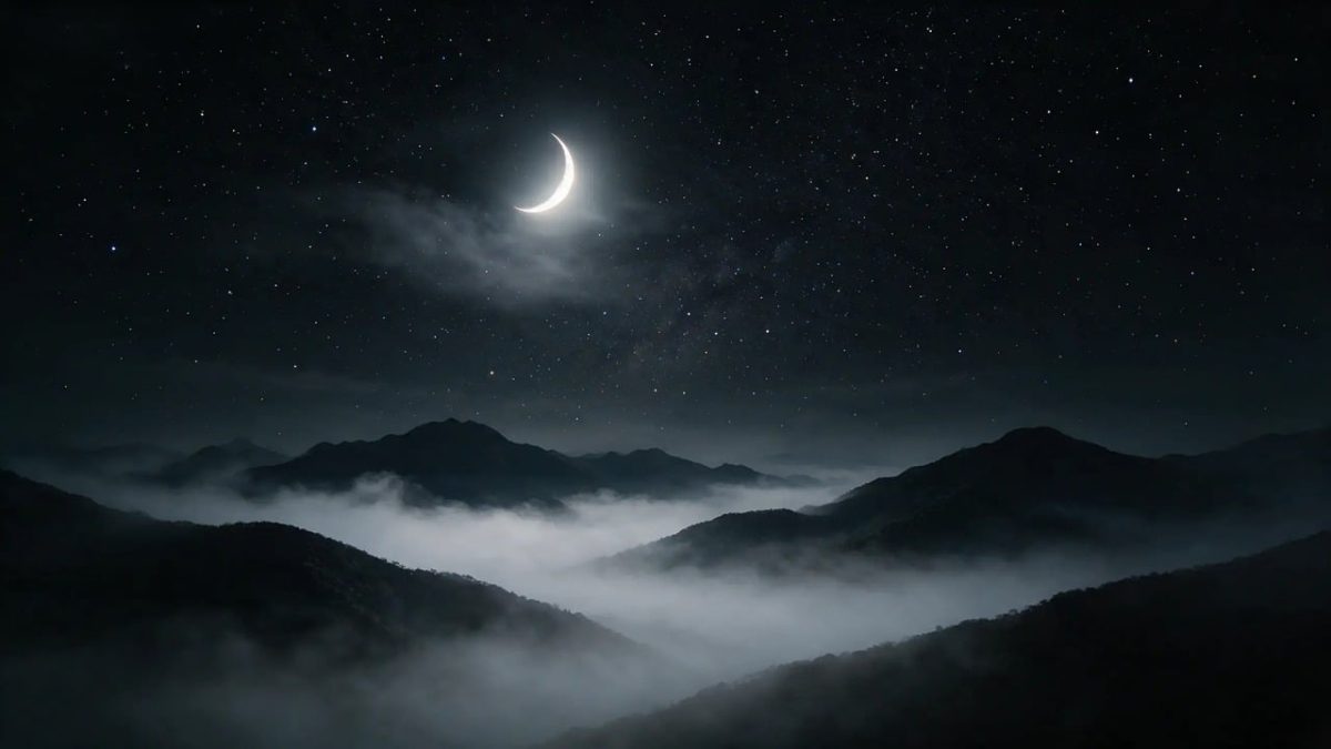 starry sky, moonlight, crescent moon, night mountains, mist, mountain valley, night sky, clear sky, tranquility, dawn, nature, peace, refreshing, dreamy, paradise, stars, mountain landscape, peaceful scenery, mystical atmosphere, poetic depiction