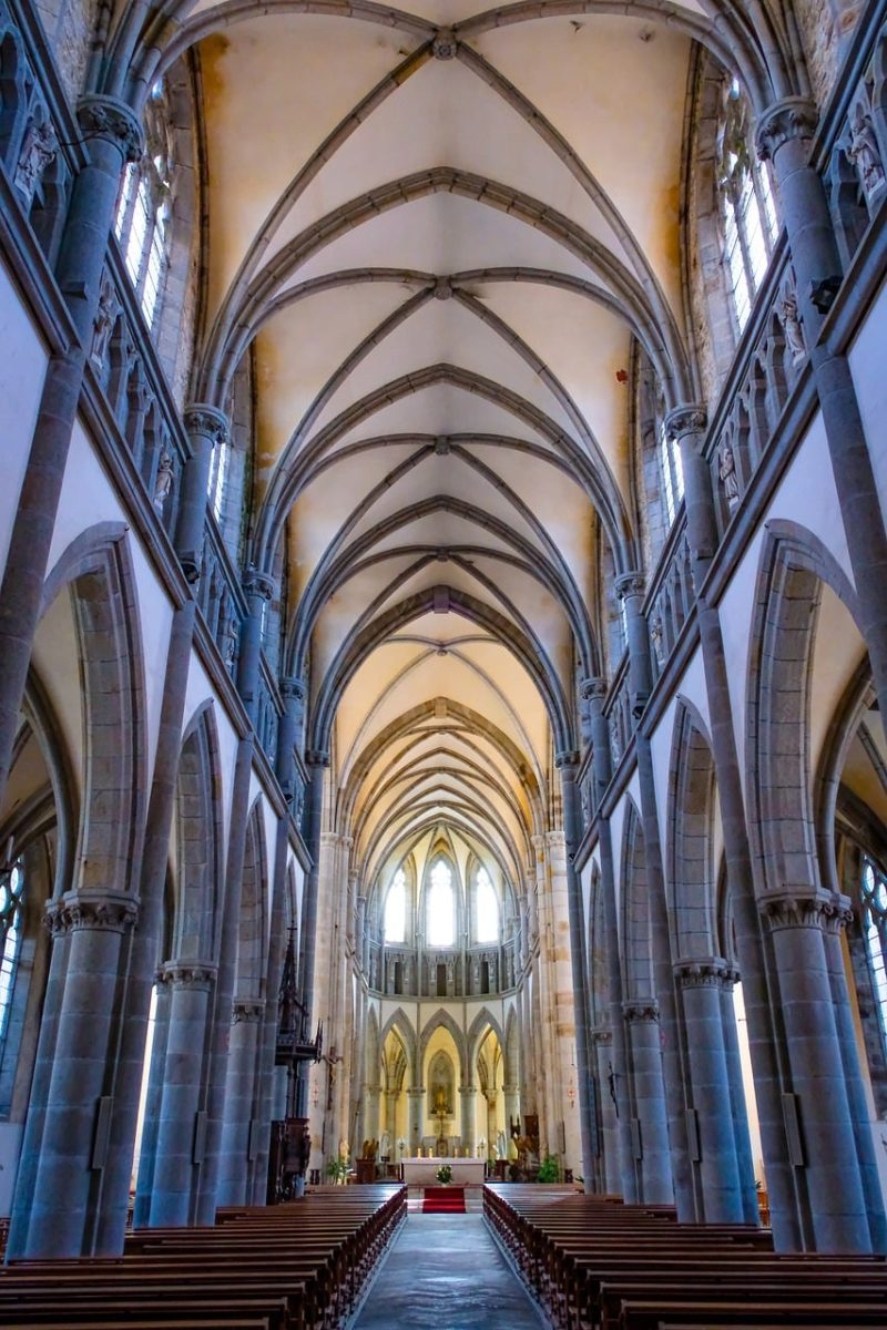 cathedral, gothic architecture, church interior, vault, pointed arches, columns, altar, church windows, stained glass windows, sacral building, historic church, architectural details, nave, religious architecture, medieval architecture, pews, stone church, sanctuary, lighting, buttress system