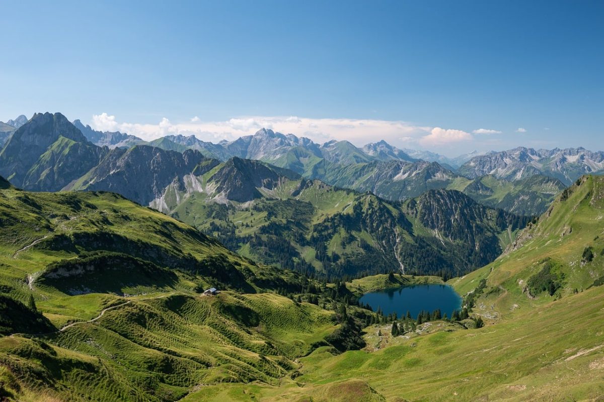 mountains, lake, alps, green, sky, nature, panorama, hiking, view, summer, clouds, valley, meadow, idyll, horizon, alpine, cirque, geology, nature reserve, landscape