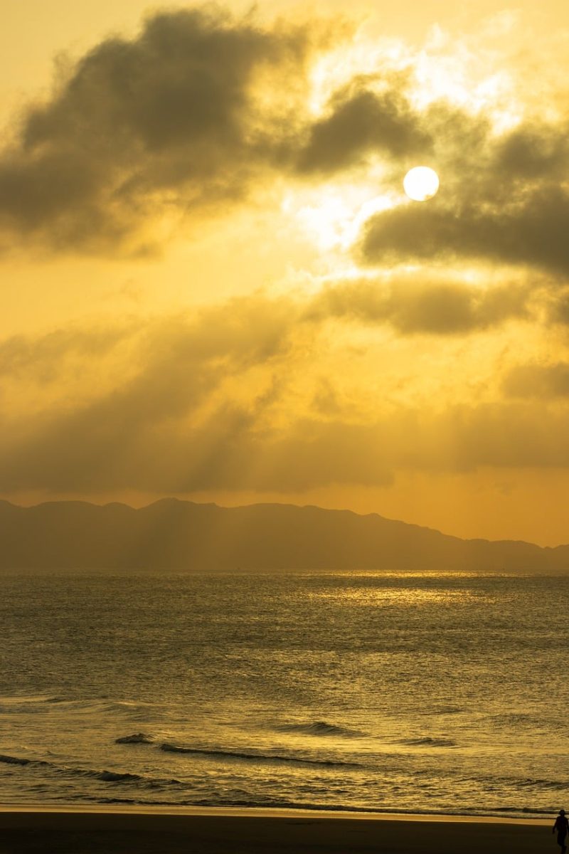 beach, sea, nature, sunrise, sun, light, cloud, silhouette, calm, scenery, ocean, water, relaxation, evening, reflection, beauty, romance, peace, dusk, silence, lonely, drama