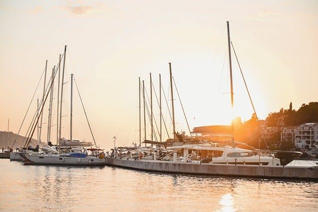 harbor, yacht, sunset, boat, ocean, sailing, sea, ships, anchoring, sky, marina, summer, seascape, calm, nature, recreation, small boats, bright light, horizon, real estate, holiday
