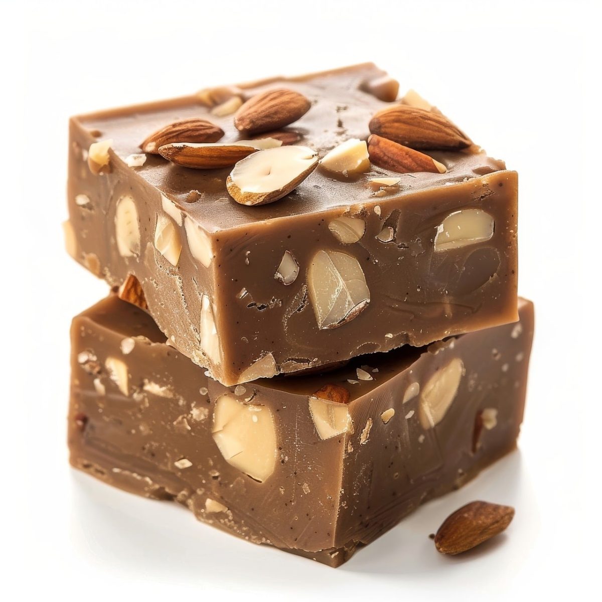 caramel, almonds, fudge, nuts, chocolate, dessert, sweet, chocolate candies, treats, homemade goods, baking, sweets, milk chocolate, tasting, confectionery, caramel cubes, fresh, treat, cubes, white background, delicious