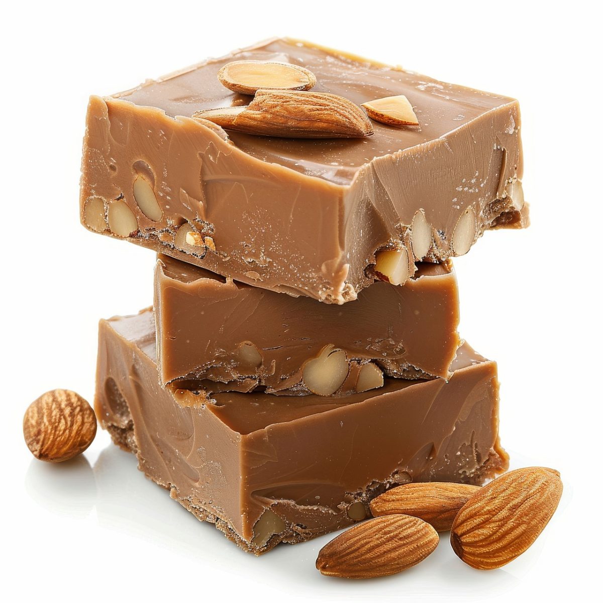 chocolate, almond, confectionery, treat, sweet, stack, dessert, milk chocolate, candy, delicacy, almond shard, white background, heap, peanuts, gourmet, nut, confection, tasty