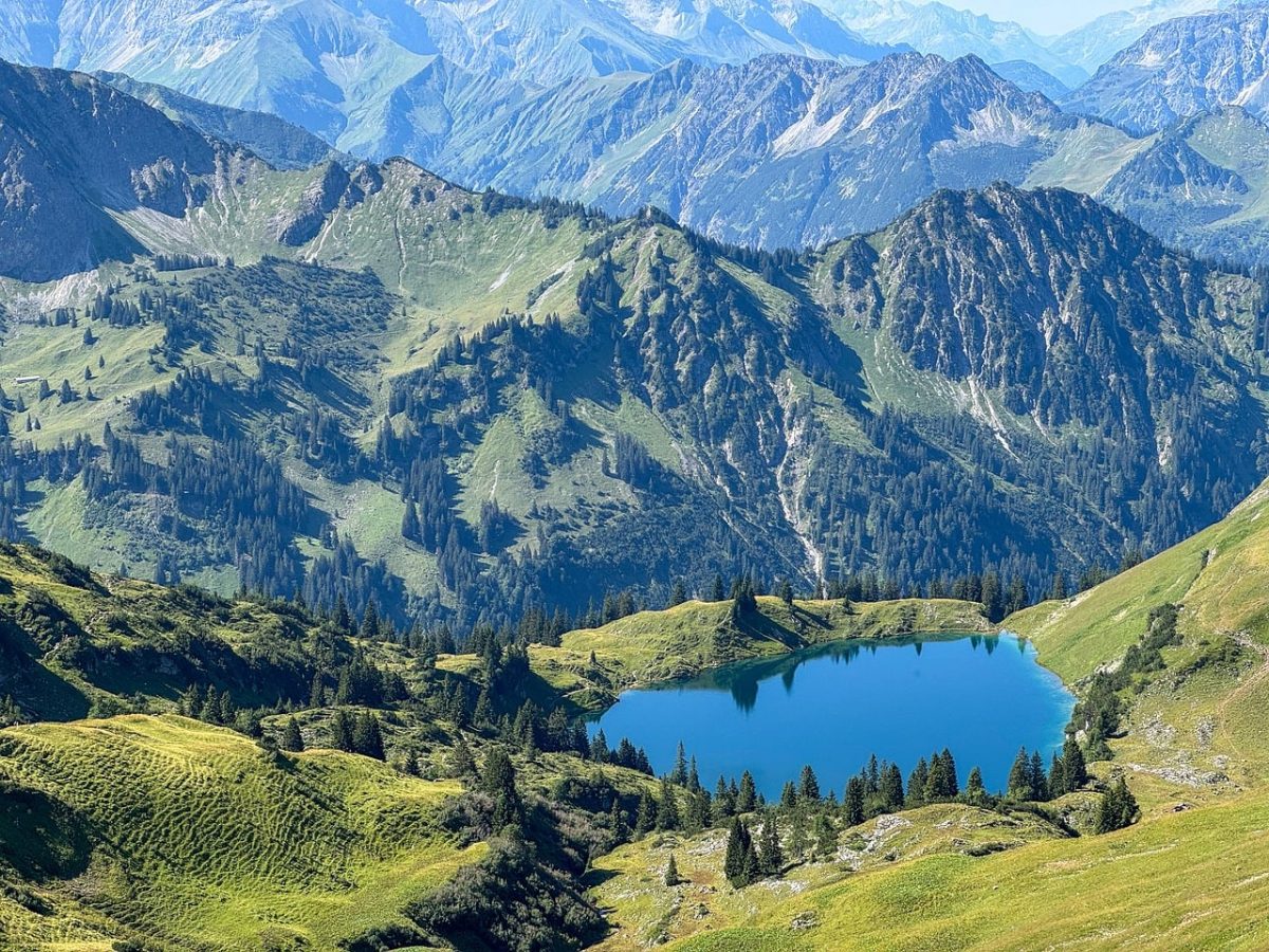 mountains, lake, alps, panorama, nature, hiking, meadows, tranquility, travel, view, zeigersattel, clear water, silence, landscape, hiking trail, horizon, seealpe, sunshine, peak, blue lake, serenity