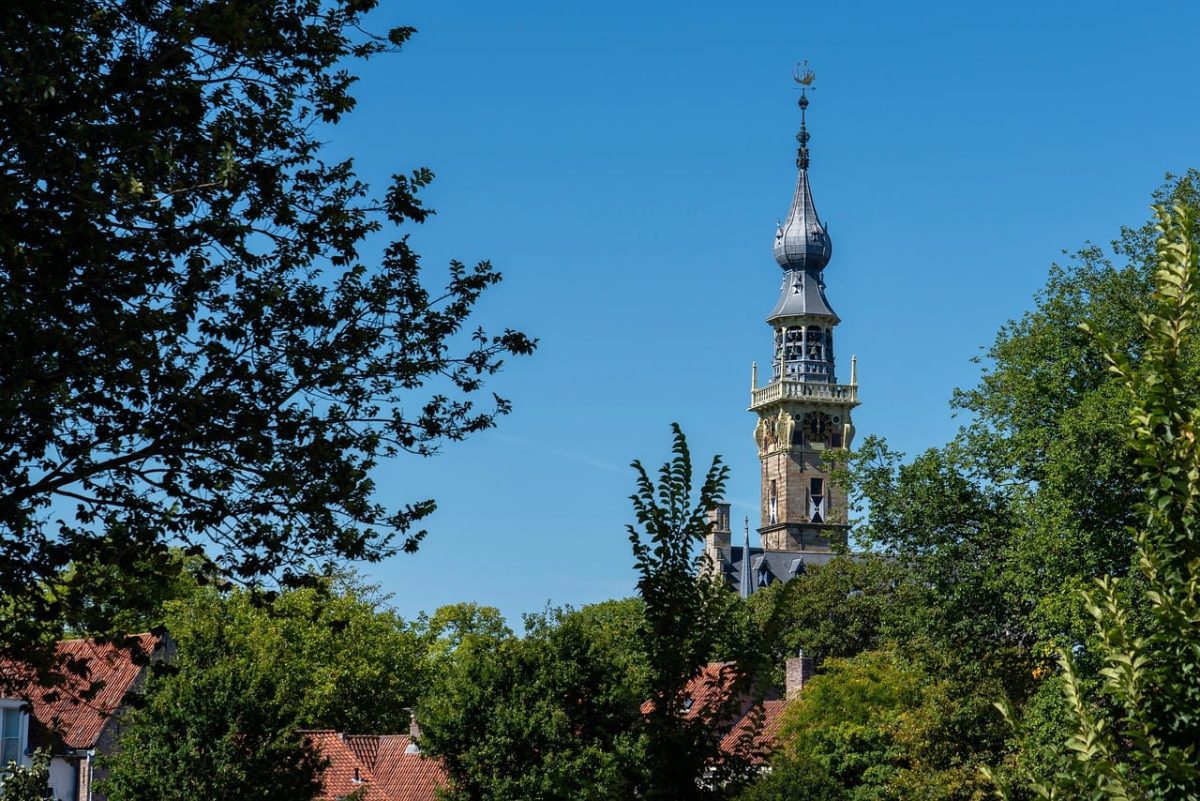 tower, trees, historical, blue sky, summer, architecture, church, bell tower, foliage, old building, nature, panorama, garden, outdoor scene, red roofs, czech style, culture, city, tourism, bell