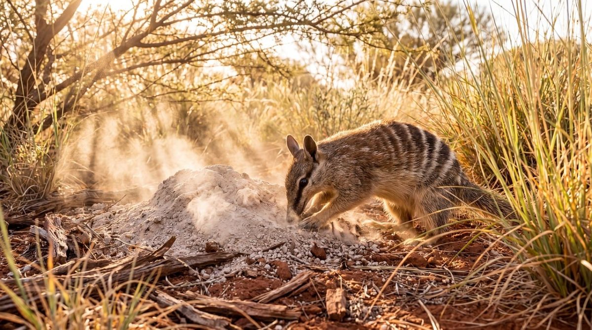 australian landscape, marsupial, nature, numbat, natural habitat, foraging, sunset, sand, dust, branches, australian wildlife, dry climate, wildlife, ancient trees, red clay, sunset rays, dry soil, gray fur, sunlight, wood chips, soft sand, protected species