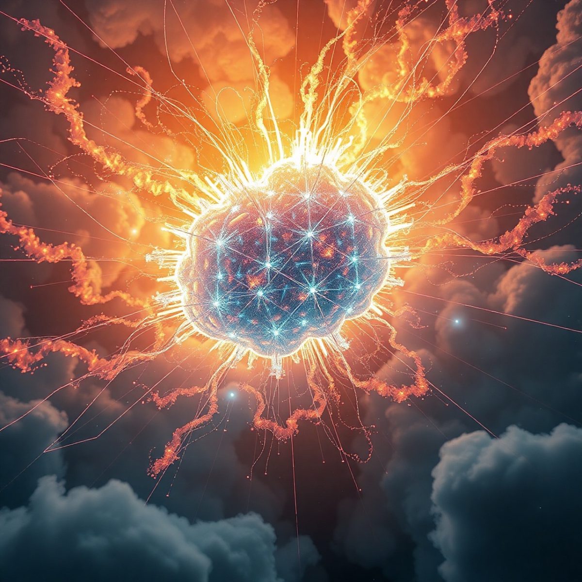 artificial intelligence, neurons, network, explosion, light, creativity, energy, future, thinking, electric, clouds, blue, orange, science, nature, modern, optical, computer, digital, interaction, innovation