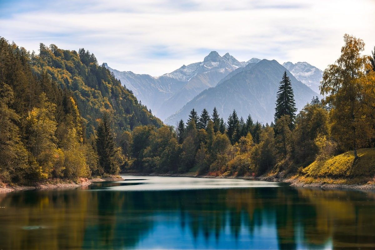 lake, mountains, autumn, reflection, nature, landscape, forest, idyllic, conifer, germany, bavaria, alps, panorama, long exposure, hiking, silence, tourism, cozy, mountain scenery