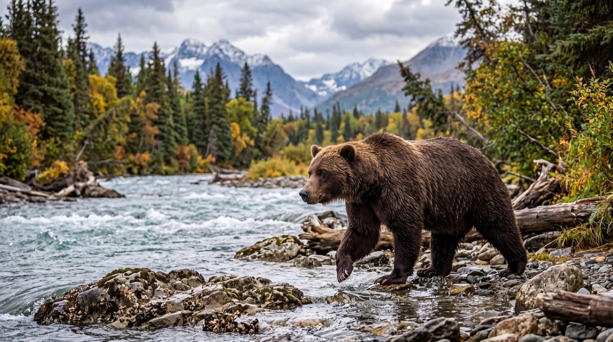 bear, nature, animal, mammal, predator, wildlife, river, forest, autumn, mountain landscape, wilderness, trees, hiking, adventure, tranquility, ecosystem, riverbank, tree, wild, golden leaves