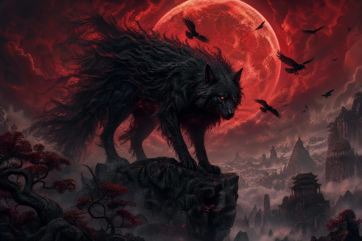 wolf, red moon, temple, japan, cloud, tree, strong, raven, silhouette, fog, landscape, rocks, wild, mystical, hellish, epic, gothic, storm, horror, dark, black