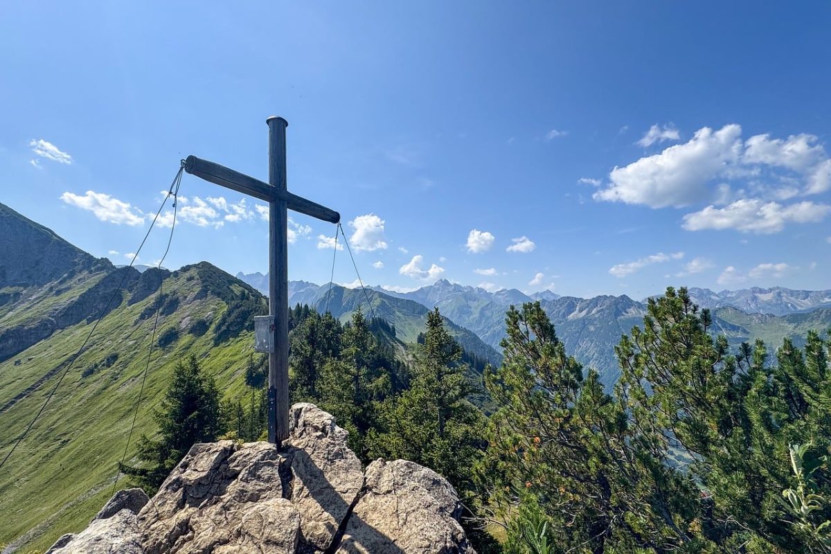 cross, mountain, alps, nature, view, summer, hiking, mountains, christian, blue sky, summit, green, water, rock, tree, central europe, war, panorama, excursion