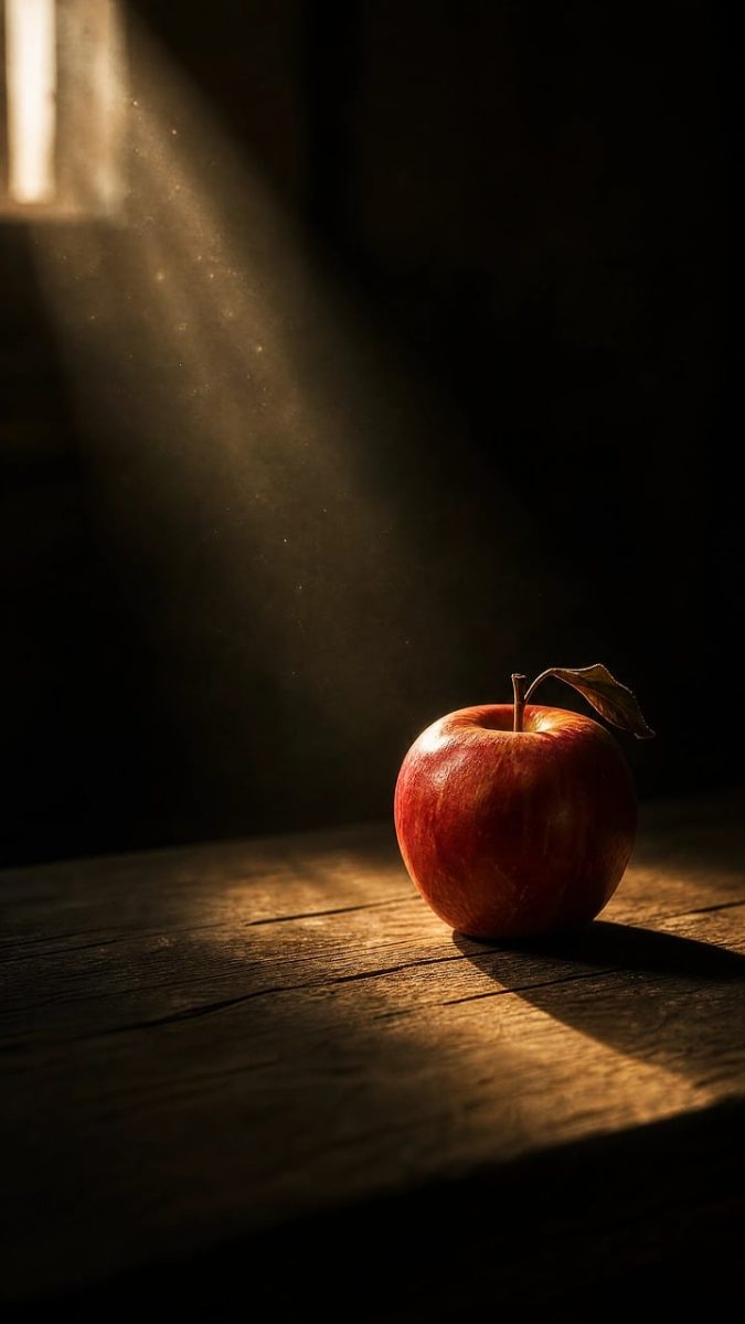apple, wood, dark, light, shadow, texture, leaf, reflection, warm, atmospheric, red, stem, beautiful wallpaper, nature, award-winning, composition, natural light, art, waxy, dramatic, calm, background
