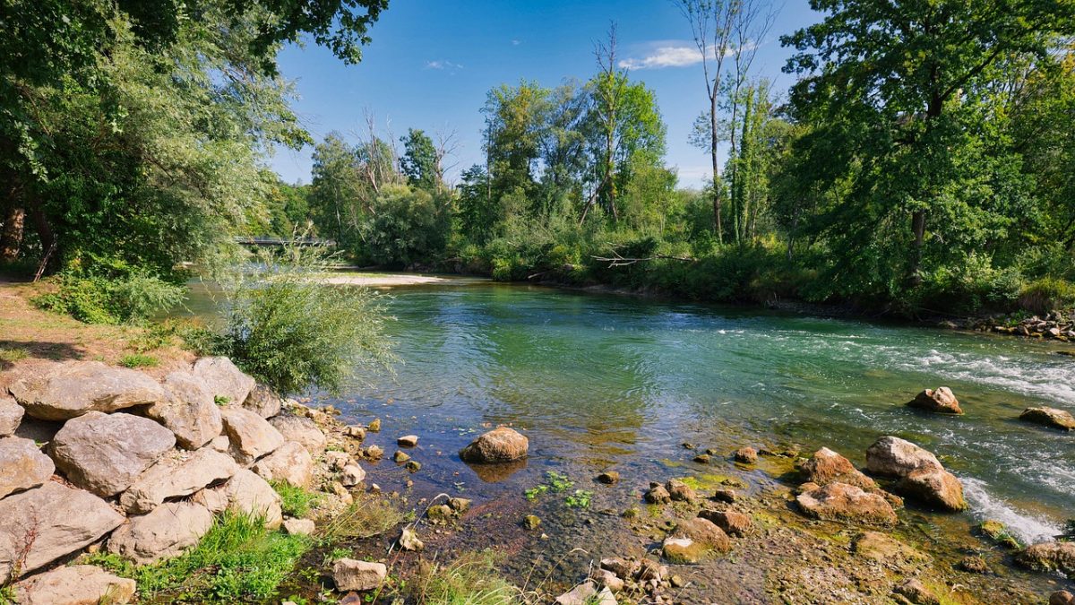 river, nature, trees, rock, landscape, blue sky, reflection, summer, tranquility, clear water, peaceful scenery, greenery, nature reserve, stream, shore, natural beauty, countryside, stem, cabin, village