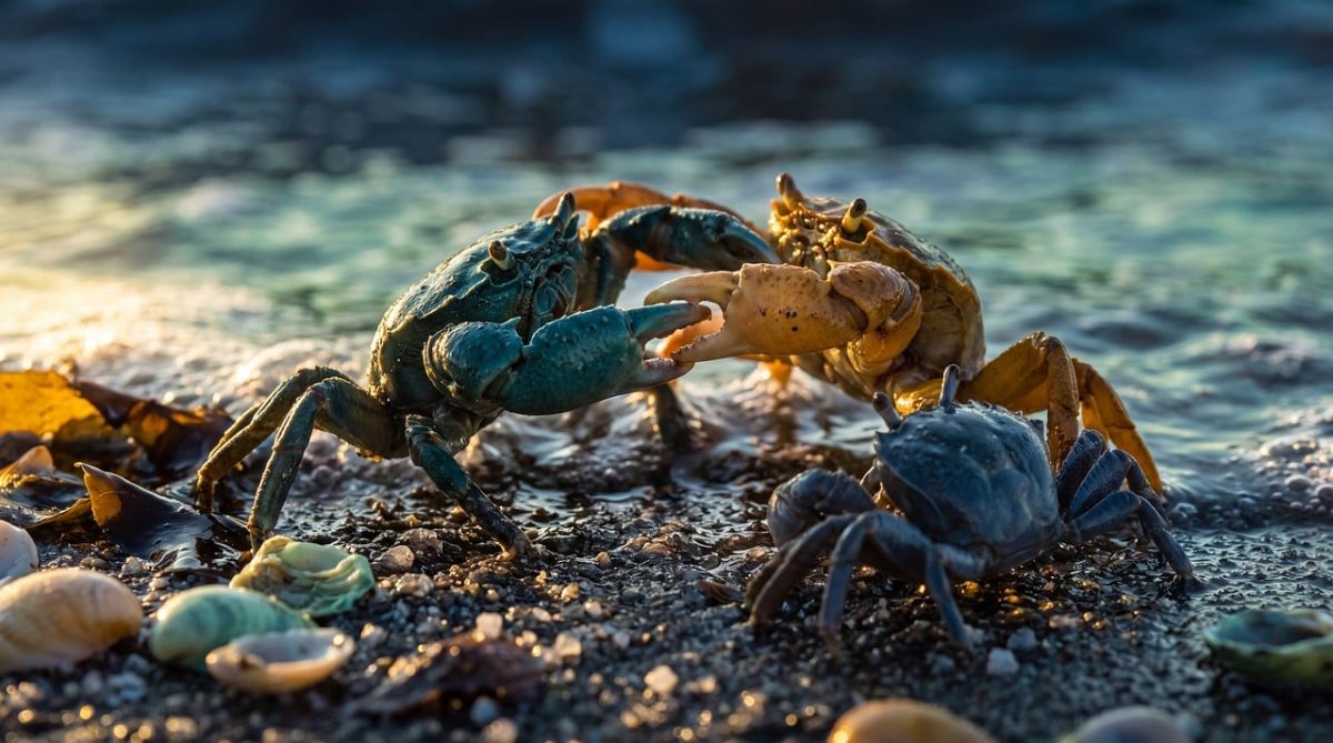 crabs, beach, seafood, fight, natural, sea, sand, shells, sunset, waves, blue, sun, landscape, nature, reef, animals, dramatic lighting, interaction, fauna, environment
