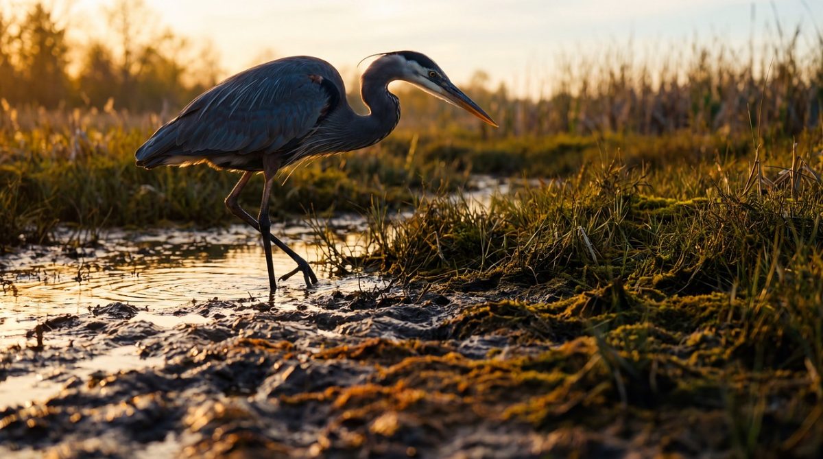 heron, wetland, nature, sunset, bird, habitat, swamp, balanced, water, reeds, wild, predator, ecosystem, natural, reserve, peatland, evening, waterfowl, quiet, magical