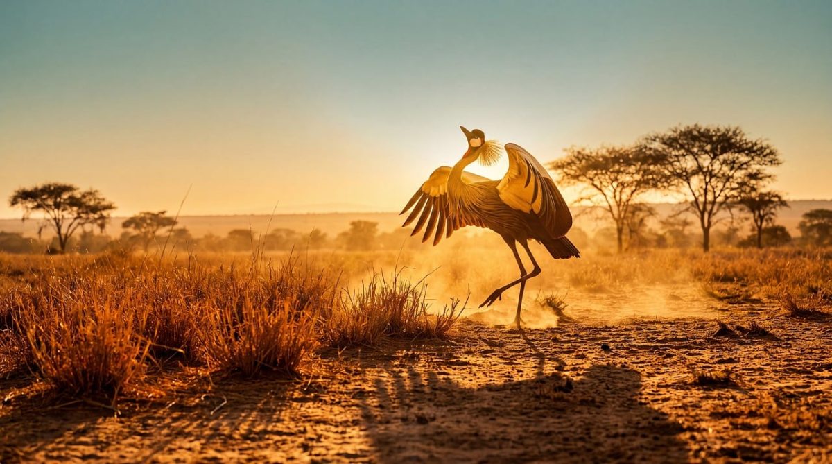 african landscape, nature, crowned crane, savanna, sunset, golden hour, dancing bird, wildlife, african bird, natural beauty, savanna grass, african nature, bird in flight, life in savanna, wind-blown dust, african savanna, dance in nature, bird leap, movement from above, prairie trees