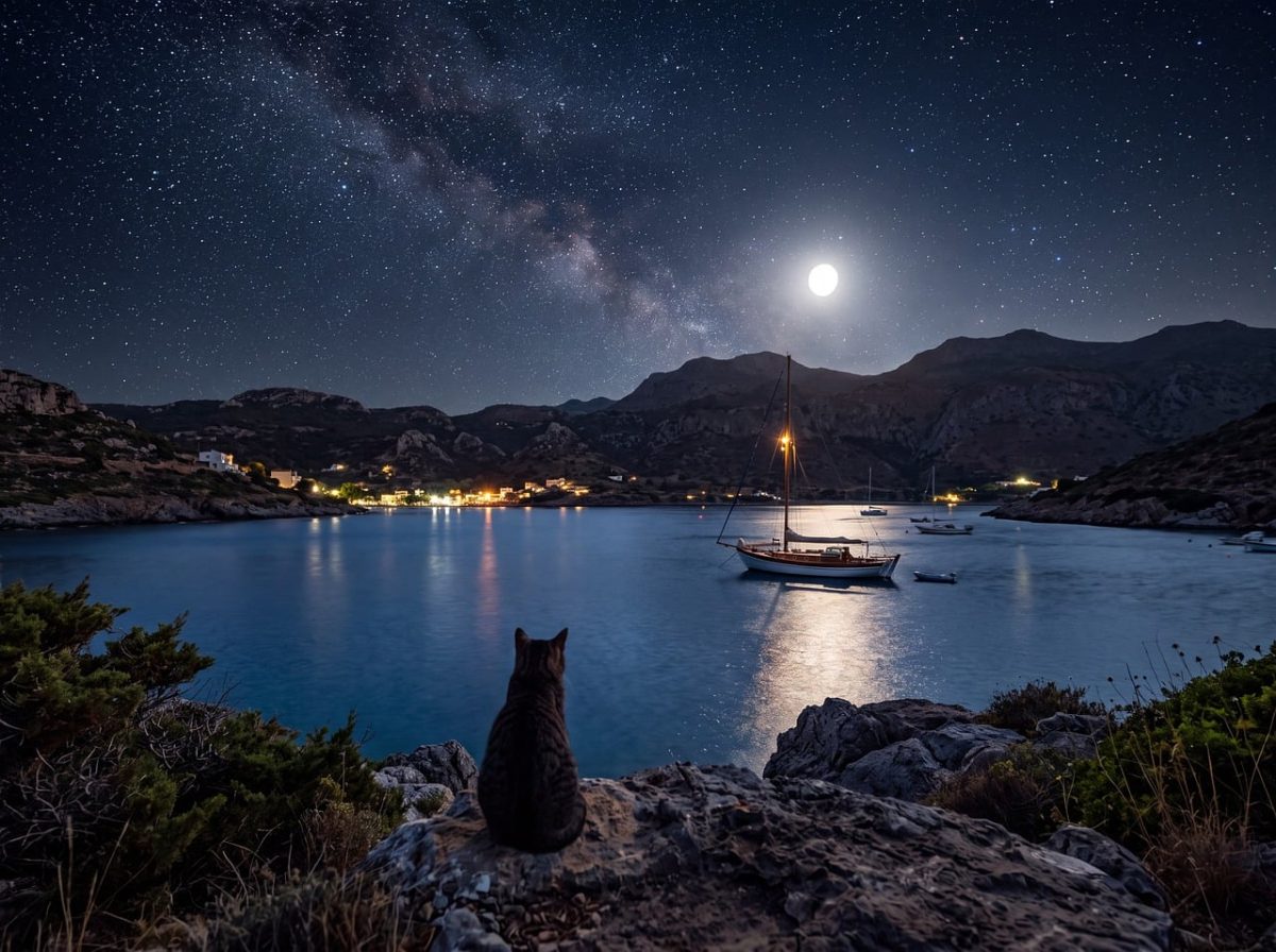 stars, moon, night sky, bay, cat, sailboat, sea, landscape photography, romantic, night, nature scene, animal, water reflection, calm, idyllic, mountains, starry night, peaceful evening, island, fishing boat, enchanting, pet, nature