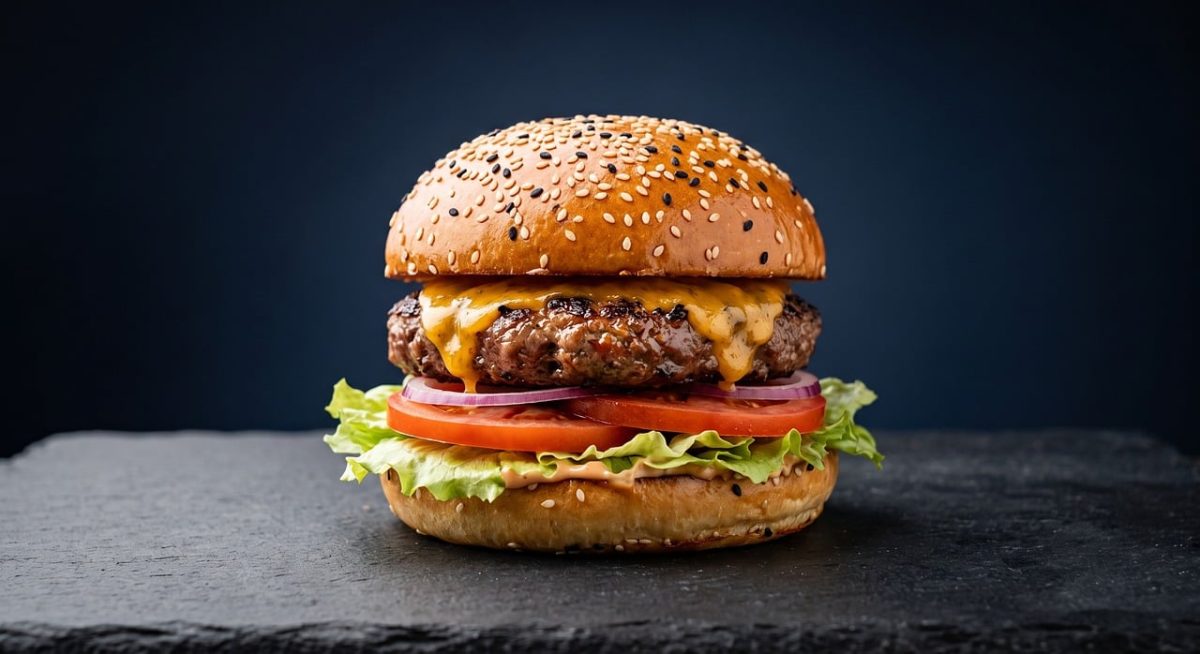 burger, cheeseburger, hamburger, sandwich, fast food, beef patty, cheese, melted cheese, lettuce, tomato, red onion, sauce, bun, sesame seeds, slate plate, meal, lunch, dinner, tasty, delicious, gourmet, blue background